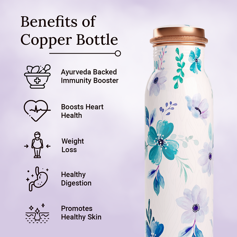 Copper Bottle & Glass Set | White & Blue | Bottle-900 ml & Glass-270 ml each