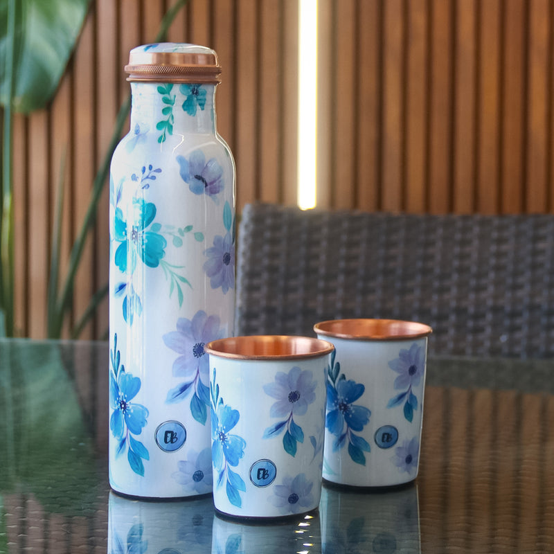 Copper Bottle & Glass Set | White & Blue | Bottle-900 ml & Glass-270 ml each