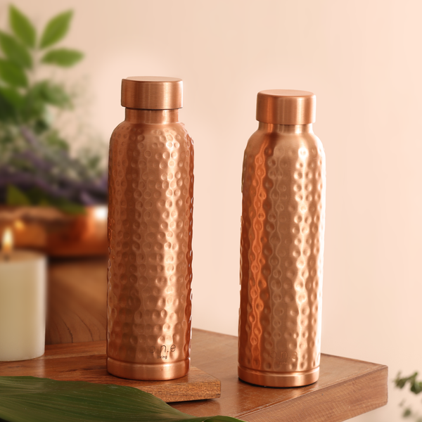 Copper Water Bottles | Set of 2 | 1 L | Hammered