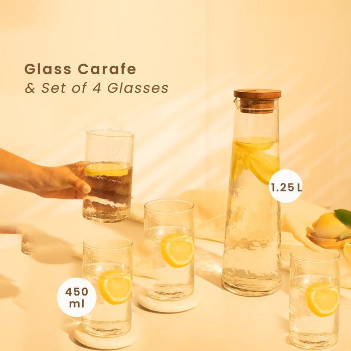 Glass Carafe with Wooden Lid & 4 Glasses Set | Transparent