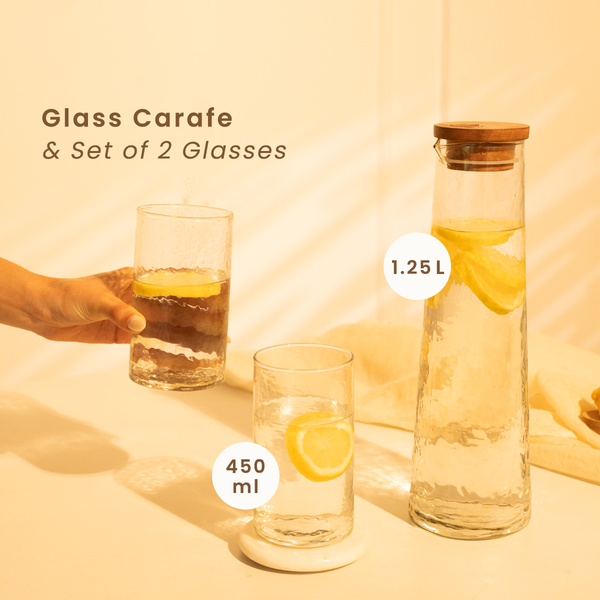 Glass Carafe with Wooden Lid & 2 Glasses Set | Hammered Design