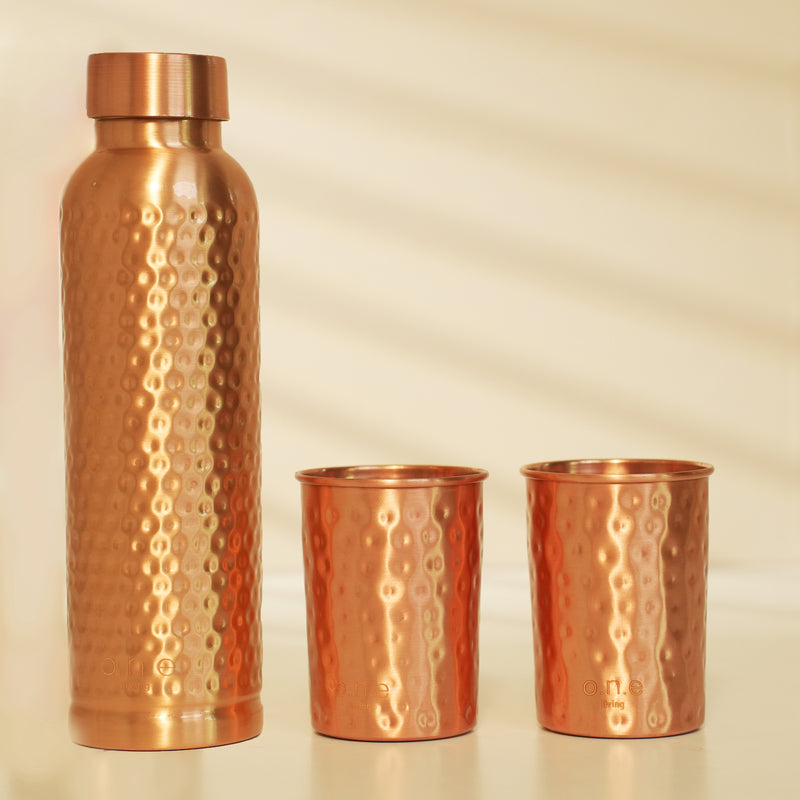 Pure Copper Bottle & 2 Glasses Set | Hammered