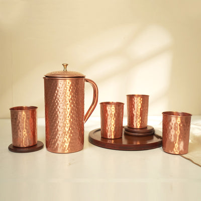 Pure Copper Jug & 4 Glasses Set | Hammered