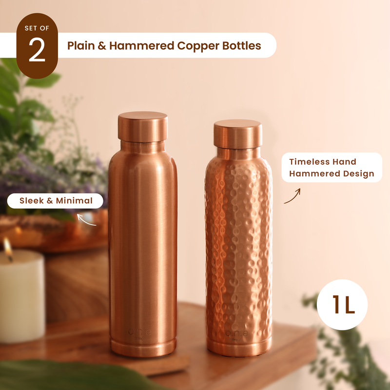 Copper Water Bottle | Plain & Hammered | 1 L | Set of 2 | BPA & Lead Free