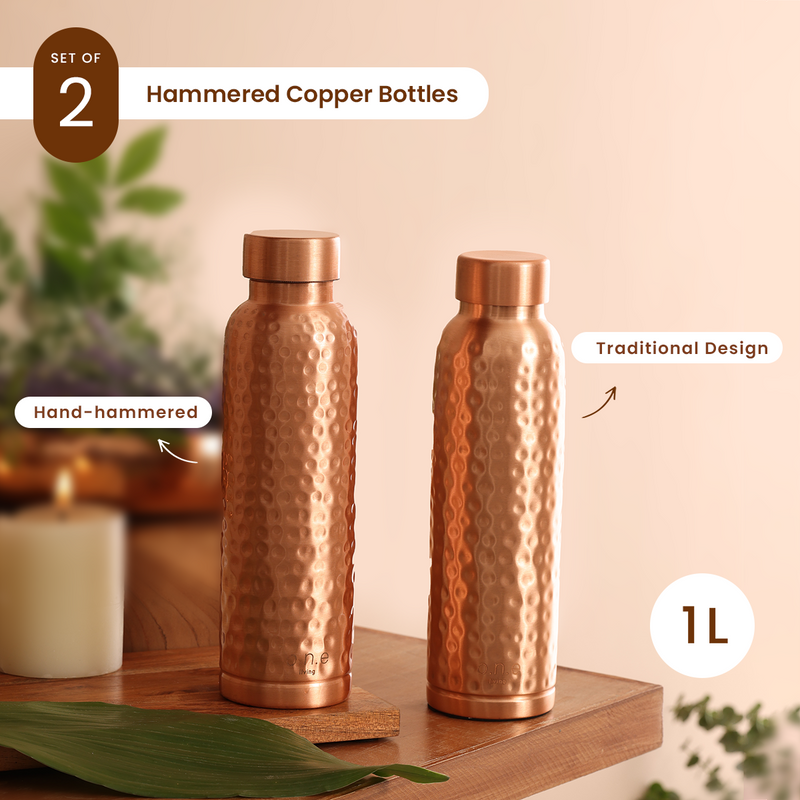 Copper Water Bottles | Set of 2 | 1 L | Hammered