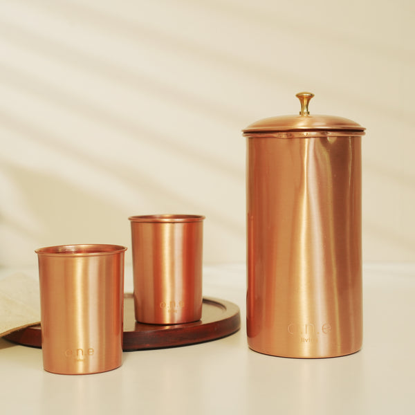 Pure Copper Jug & Glasses | Set of 3 | 300 ml | Plain