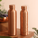 Copper Water Bottle | Plain & Hammered | 1 L | Set of 2 | BPA & Lead Free