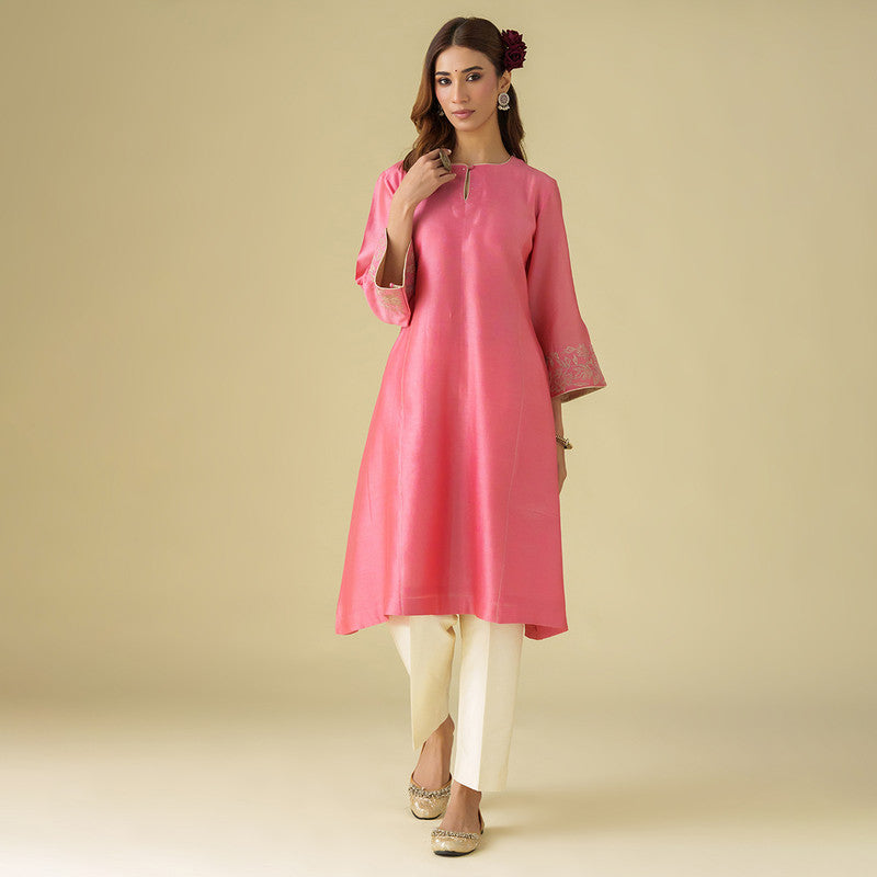 Chanderi Silk Pink Kurta for Women | Embroidered