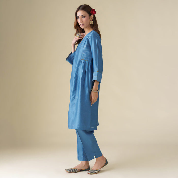 Chanderi Silk Kurta Set for Women | Blue | Embellished