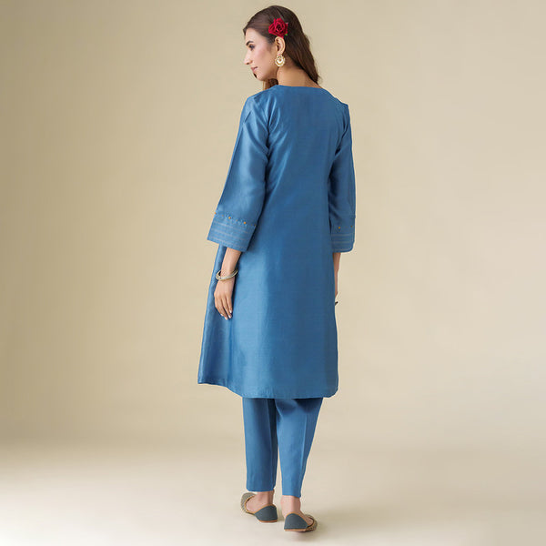 Chanderi Silk Kurta Set for Women | Blue | Embellished