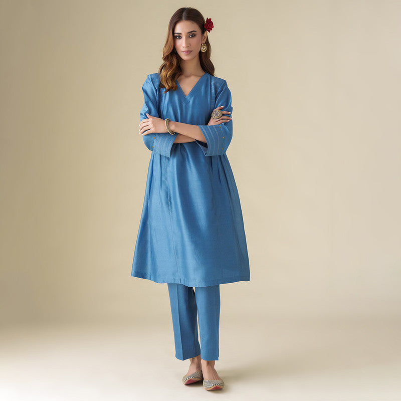 Chanderi Silk Kurta Set for Women | Blue | Embellished