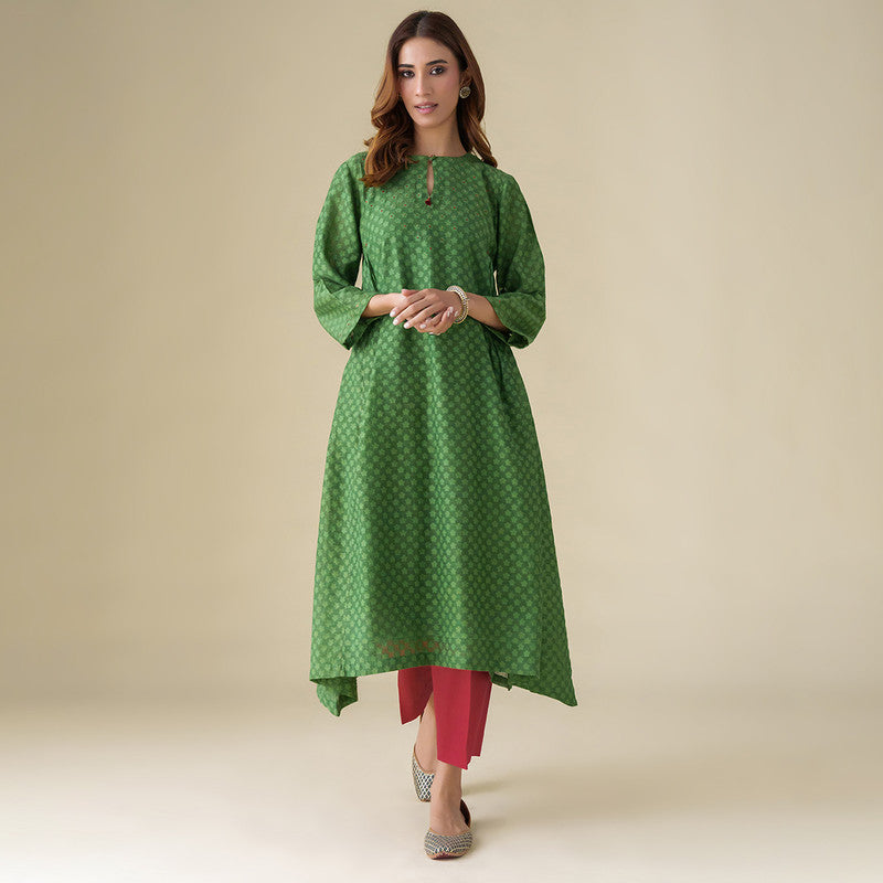 Chanderi Silk Kurta with Slip | Green | Hand Embroidered