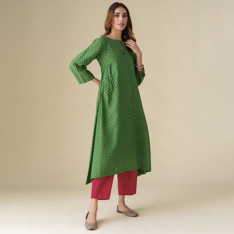 Chanderi Silk Kurta with Slip | Green | Hand Embroidered