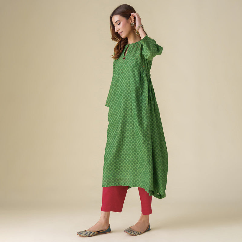 Chanderi Silk Kurta Set with Dupatta | Green | Hand Embroidered