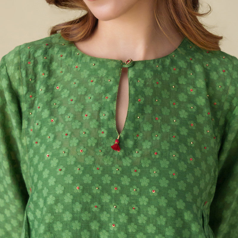 Chanderi Silk Kurta with Slip | Green | Hand Embroidered