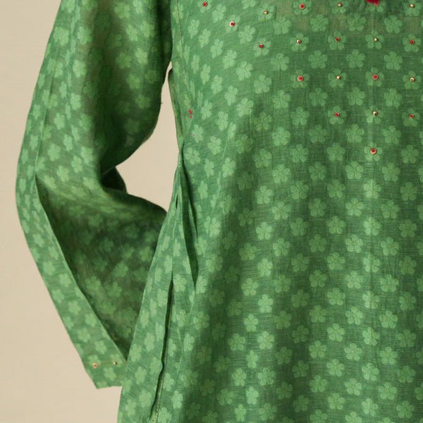 Chanderi Silk Kurta with Slip | Green | Hand Embroidered