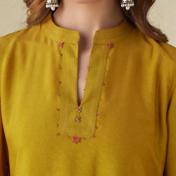 Cotton Silk Kurta Set with Dupatta | Mustard | Hand Embroidered