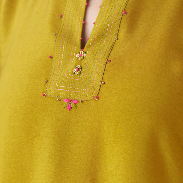 Cotton Silk Yellow Kurta for Women | Embroidered | Mustard