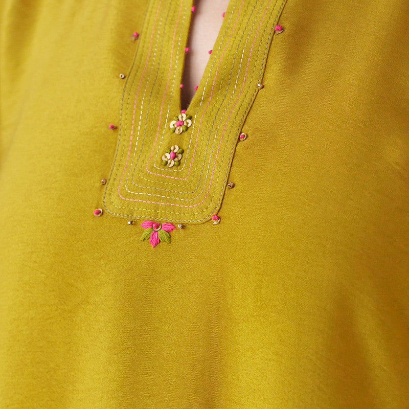 Cotton Silk Yellow Kurta for Women | Embroidered | Mustard
