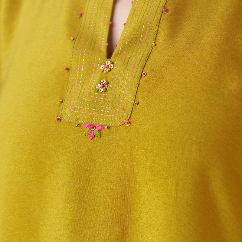 Cotton Silk Kurta Set with Dupatta | Mustard | Hand Embroidered