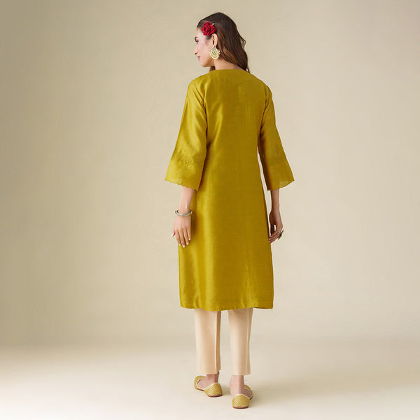 Chanderi Silk Kurta for Women | Mustard | Floral Embroidery