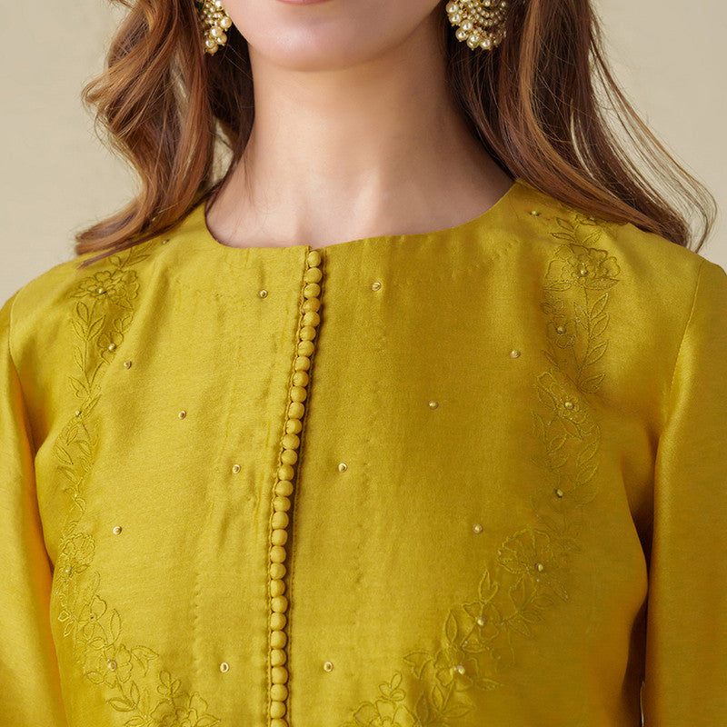 Chanderi Silk Kurta for Women | Mustard | Floral Embroidery