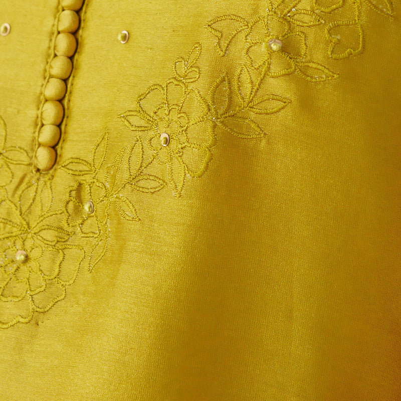 Chanderi Silk Kurta for Women | Mustard | Floral Embroidery