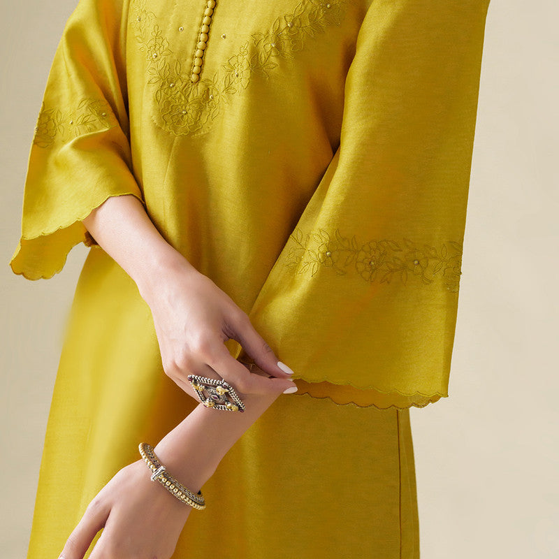 Chanderi Silk Kurta for Women | Mustard | Floral Embroidery