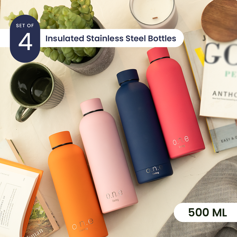 Insulated Stainless Steel Bottles | Set of 4 | 500 ml | Orange, Light Pink, Blue & Dark Pink | BPA Free