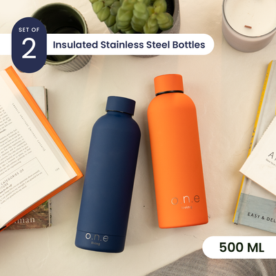 Steel Water Bottle | Orange & Blue | 500 ml | Set of 2