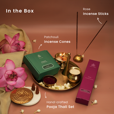 Plain Pooja Thali with Rose Incense Sticks & Patchouli Incense Cones