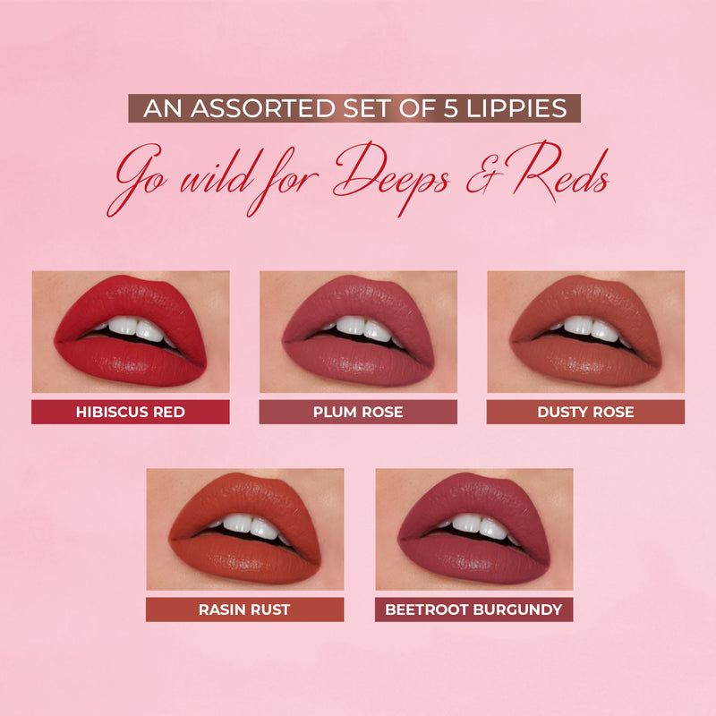 Liquid Lipstick Kit | Paraben & Silicon Free | Deeps & Reds | Set of 5