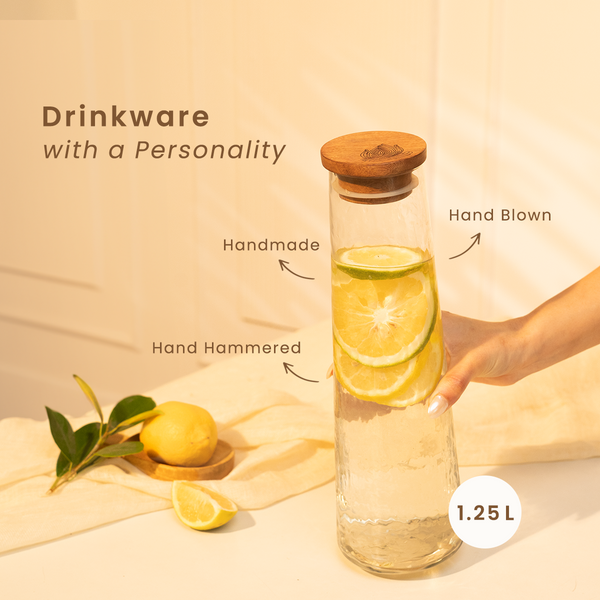 Glass Carafe with Wooden Lid | Hammered Design | Leakproof | 1.2 L