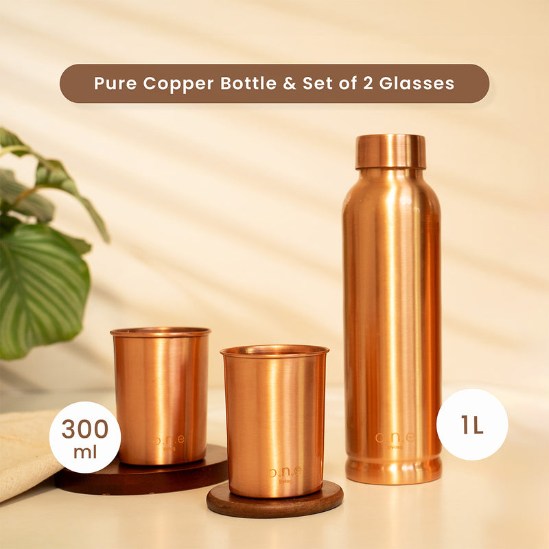 Pure Copper Bottle & Set of 2 Glasses | Plain