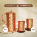 Pure Copper Jug & Glasses | Set of 3 | 300 ml | Hammered