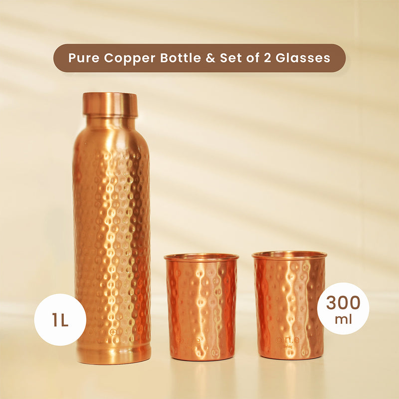 Pure Copper Bottle & 2 Glasses Set | Hammered