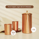 Pure Copper Jug & Glasses | Set of 3 | 300 ml | Plain