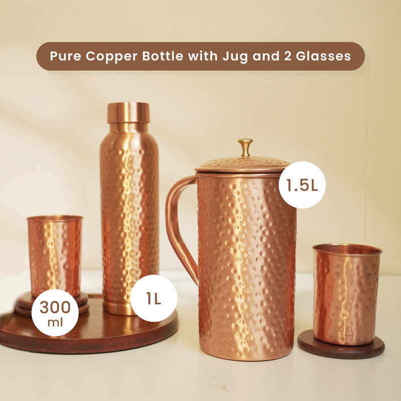 Copper Bottle with Jug & 2 Glasses | Hammered