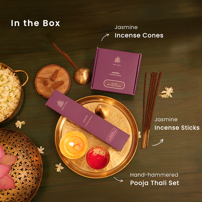 Hammered Pooja Thali with Incense Sticks & Cones | Jasmine