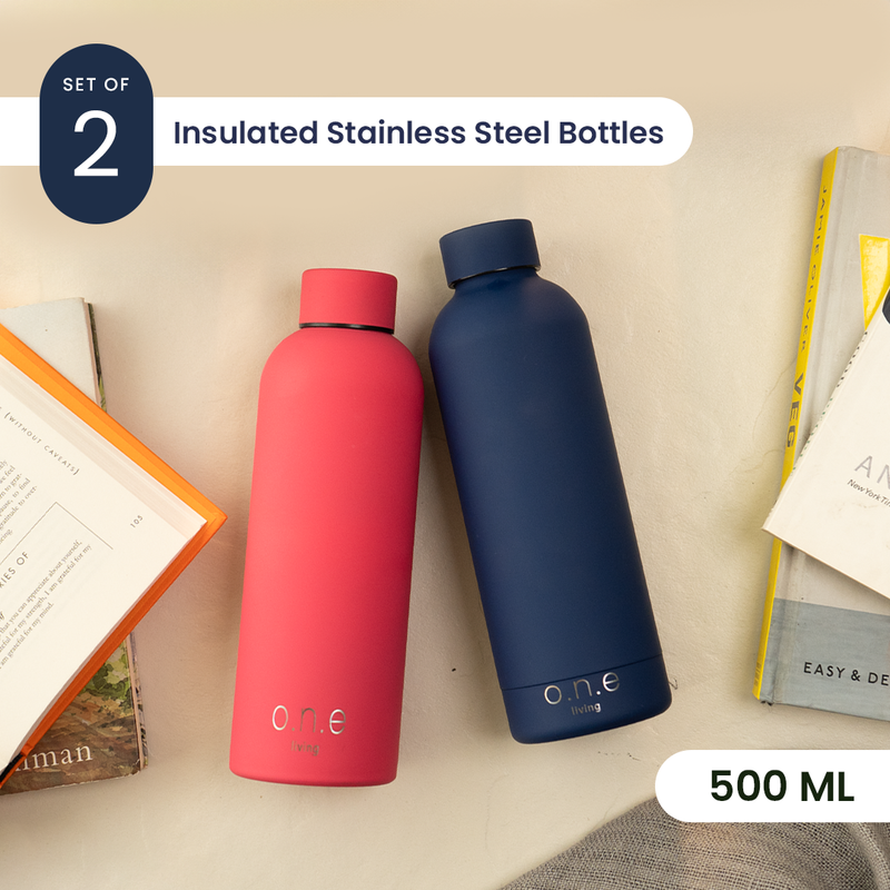 Insulated Stainless Steel Bottles | Set of 2 | 500 ml | Blue & Dark Pink