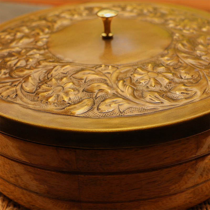 Heavy Brass Chapati Box | Roti Box | 9 Inches Dia with Tongs | Antique Finish