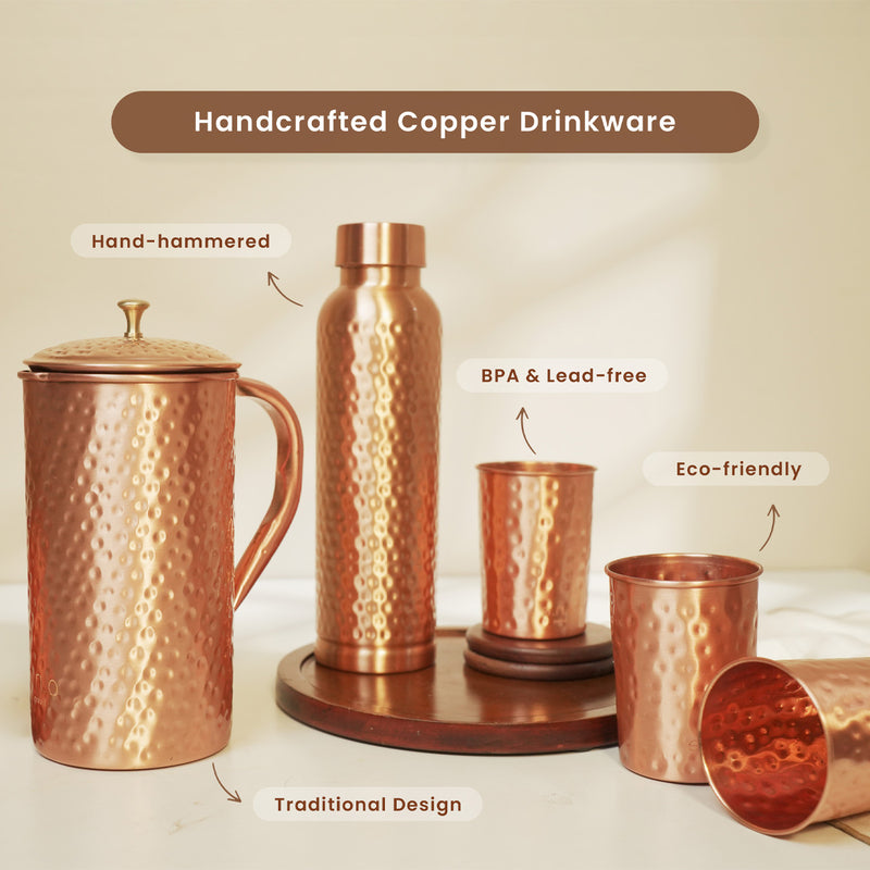 Copper Bottle with Jug & 2 Glasses | Hammered