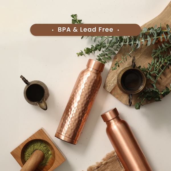 Copper Water Bottle | Plain & Hammered | 1 L | Set of 2 | BPA & Lead Free