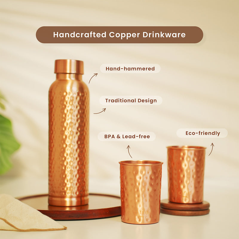 Pure Copper Bottle & 2 Glasses Set | Hammered