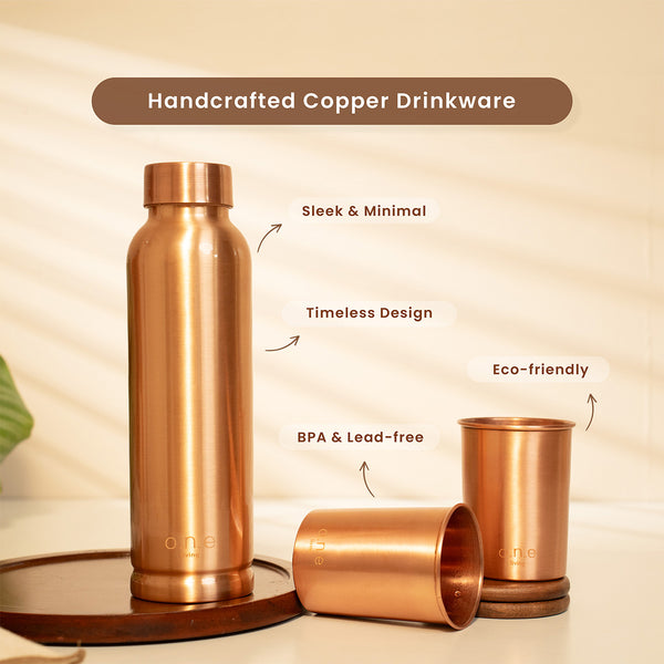 Pure Copper Bottle & Set of 2 Glasses | Plain