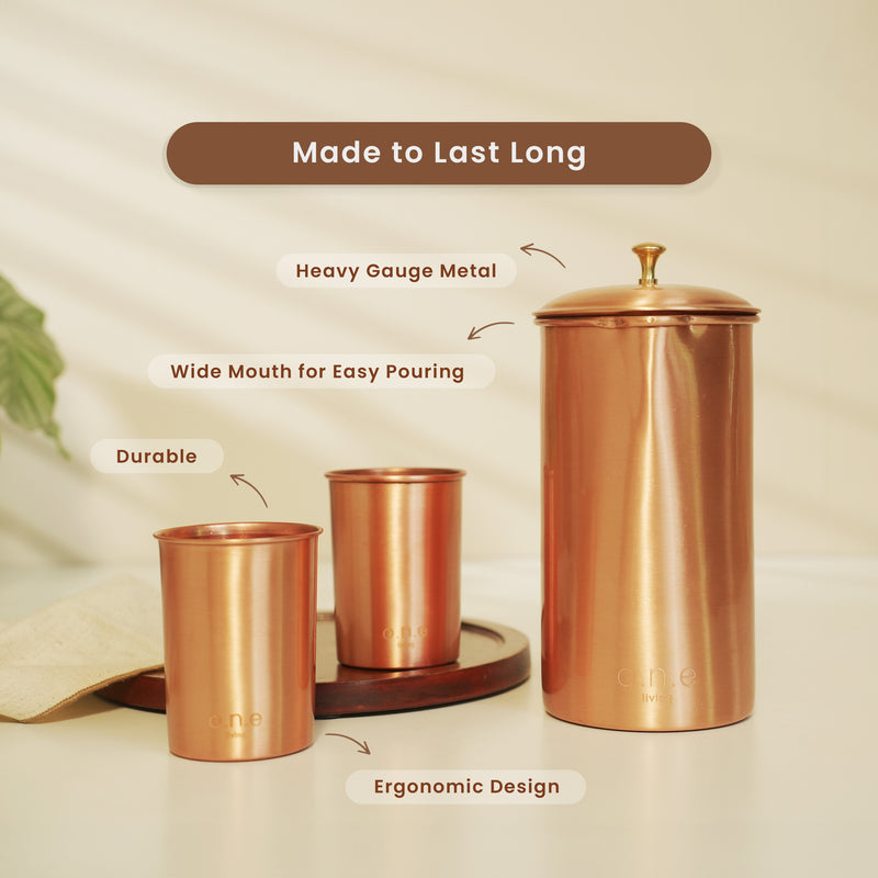 Pure Copper Jug & Glasses | Set of 3 | 300 ml | Plain