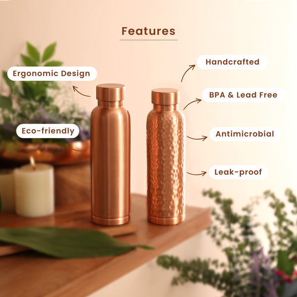 Copper Water Bottle | Plain & Hammered | 1 L | Set of 2 | BPA & Lead Free