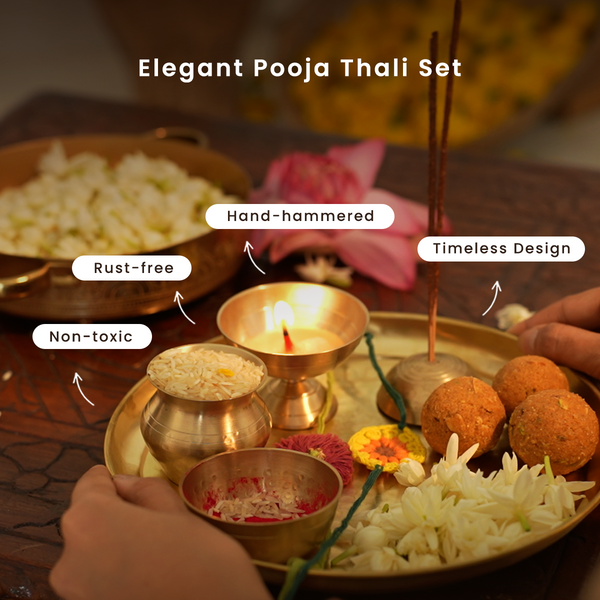 Hammered Pooja Thali with Incense Sticks & Cones | Jasmine