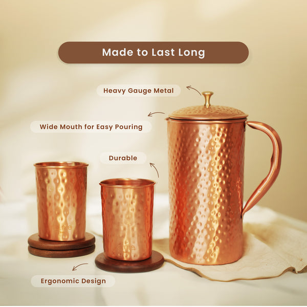 Pure Copper Jug & 4 Glasses Set | Hammered