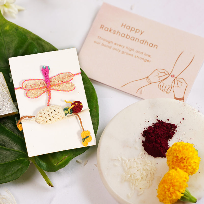 Plantable Dragonfly & Caterpillar Rakhi Set | Kids Rakhi with Seeds